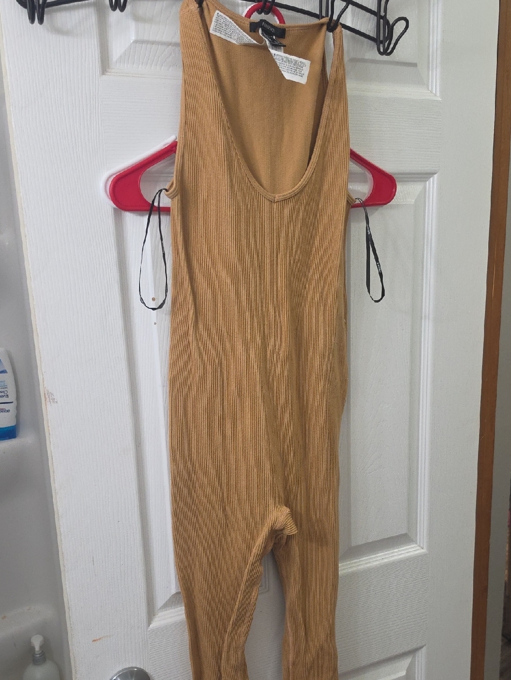 Ribbed Sleeveless Jumpsuit in Camel Tan